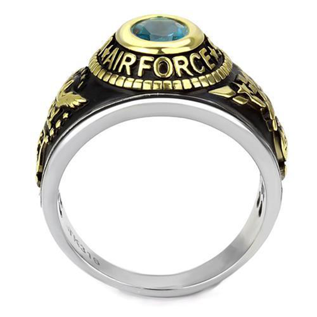 Air Force Strong - Men's Stainless Steel Ion-Plated Two-Tone Gold Ring with Synthetic Sea Blue Center Stone