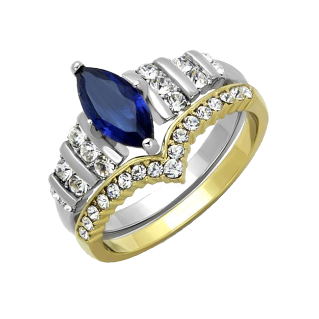 Alexandra - Women's Gold IP Two-Tone Stainless Steel Ring with Blue Marquise Cut Glass Center Stone