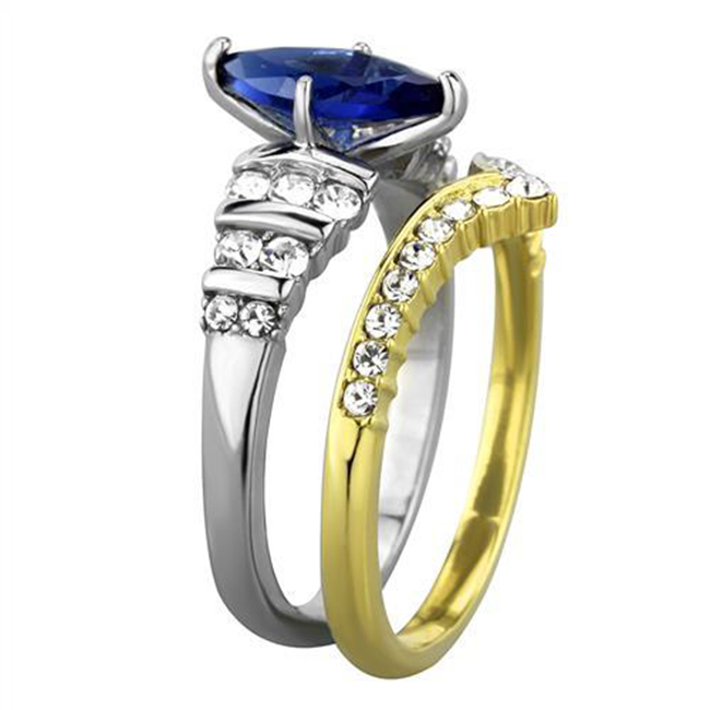 Alexandra - Women's Gold IP Two-Tone Stainless Steel Ring with Blue Marquise Cut Glass Center Stone