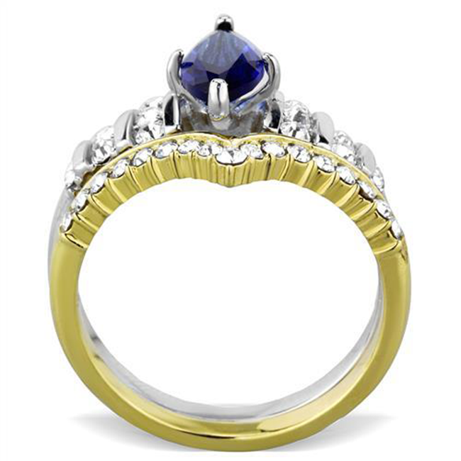 Alexandra - Women's Gold IP Two-Tone Stainless Steel Ring with Blue Marquise Cut Glass Center Stone