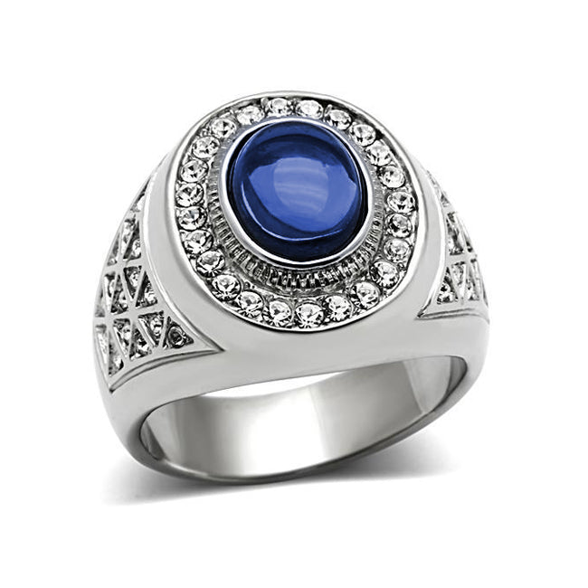 Abyss - Men's Stainless Steel Statement Ring With Sapphire Colored Center Stone And Clear CZs