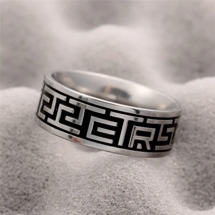 Loyal - Blue IP etched Meander Greek Key maze design silver stainless steel couples ring