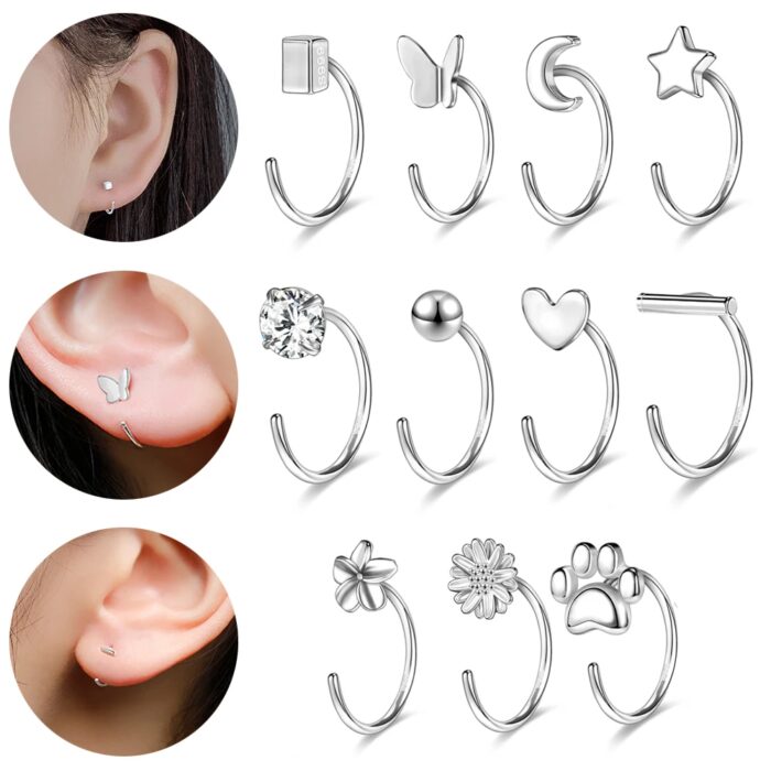 Sliver Open Earrings Jewelry Girl Cute Cat Heart Hoop Earring Crystal Opening Huggies Piercings Circle Ring